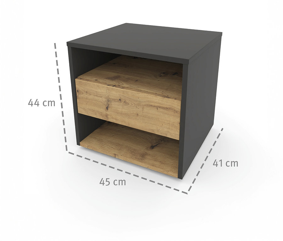 Nahaufnahme des Roba Nachttischs »Marvin« in Grau und Holzoptik mit Größenangaben.
