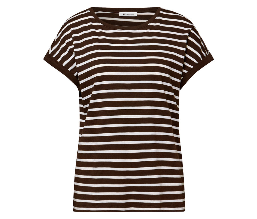 Street One T-Shirt mit braun-weißen Querstreifen, Rundhalsausschnitt und kurzen Ärmeln.