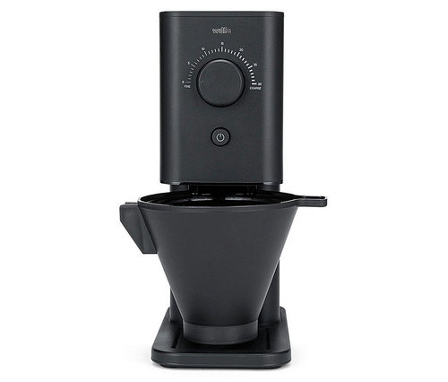 Schwarze Wilfa Zense CG3B-125 Kaffeemühle mit Mahlgradeinstellung von fein bis grob und einem Ein-/Ausschalter.