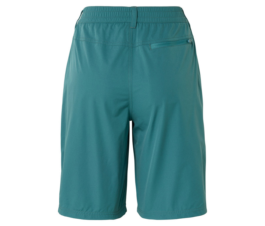 Rückansicht von türkisfarbenen Shorts mit elastischem Bund und Reißverschlusstasche.