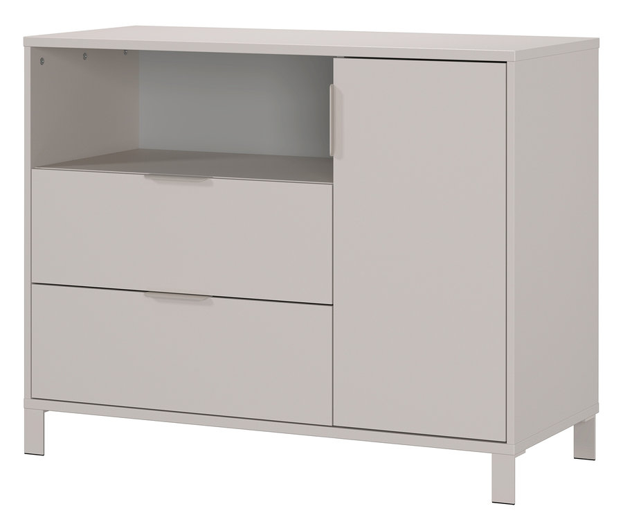 Hellgraues Sideboard mit zwei Schubladen, einem offenen Regal und einer Tür.