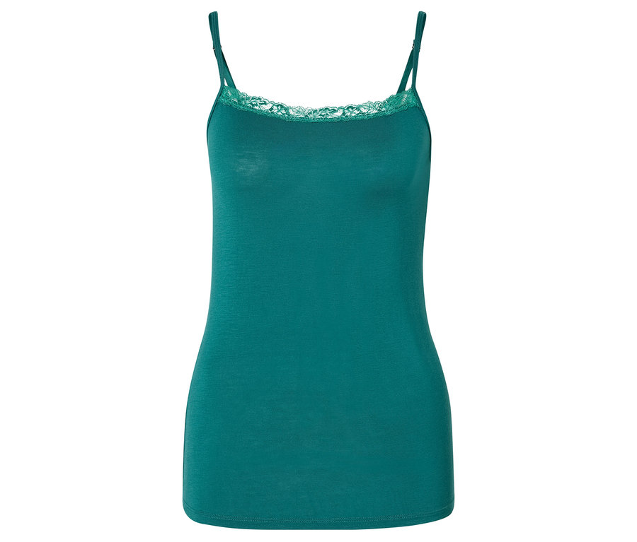 Ein grünes Tanktop mit Spitze am Ausschnitt und dünnen Trägern.