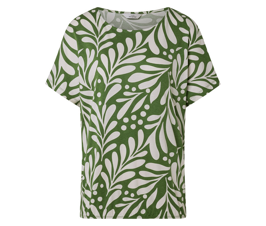 Ein grünes T-Shirt mit einem weißen Blätter- und Punktmuster.