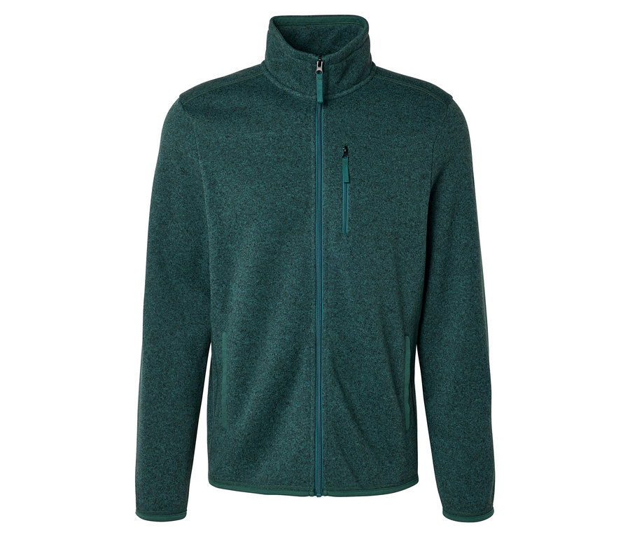 Grüne Strickfleece-Jacke mit Stehkragen, durchgehendem Reißverschluss und Brusttasche.