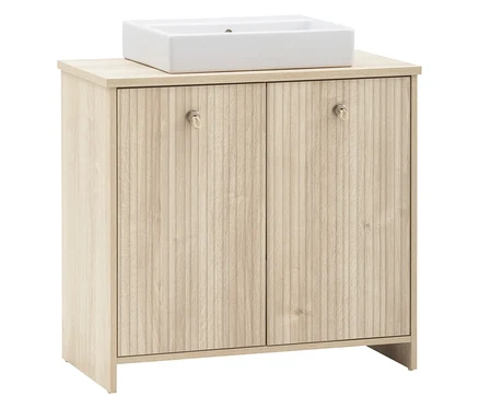 Waschtisch »Sonderby« in Nordic Light Oak mit weißem Aufsatzwaschbecken.