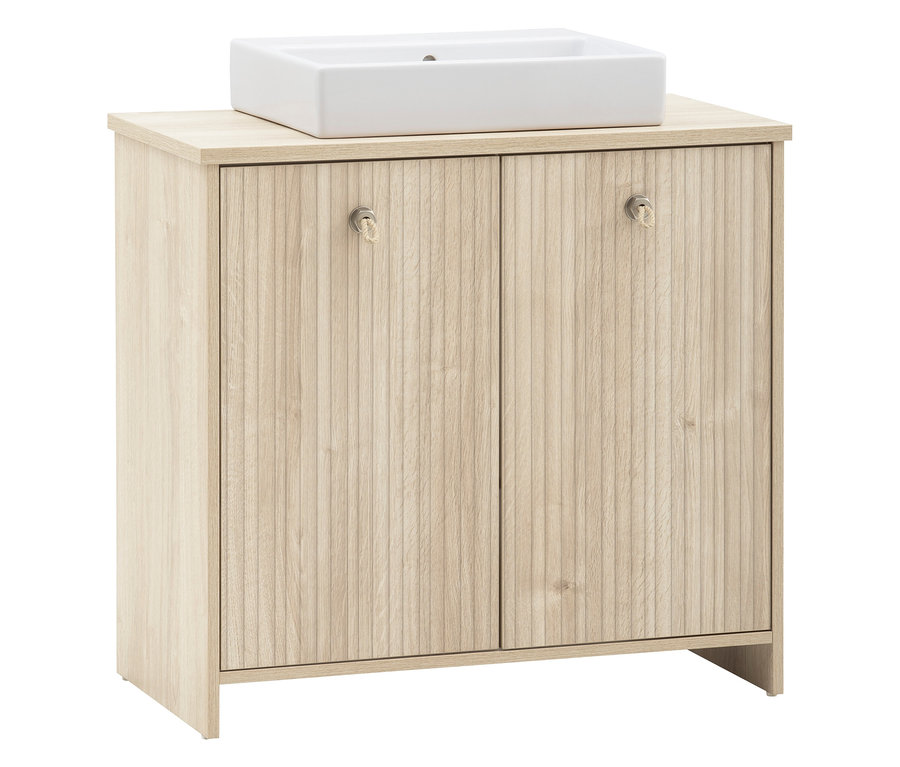 Waschtisch »Sonderby« in Nordic Light Oak mit weißem Aufsatzwaschbecken.