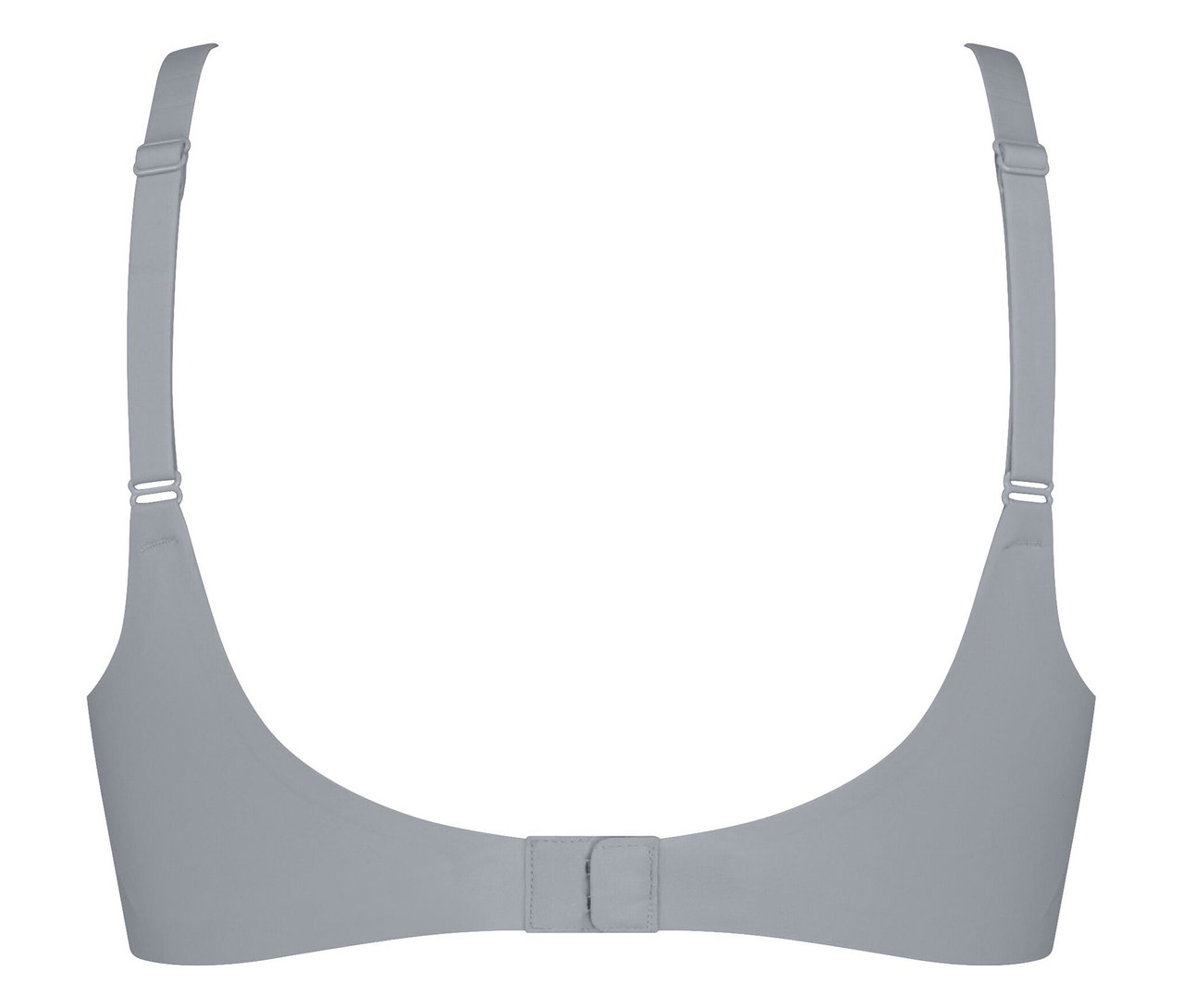 Rückansicht eines grauen BHs mit verstellbaren Trägern und Verschluss.