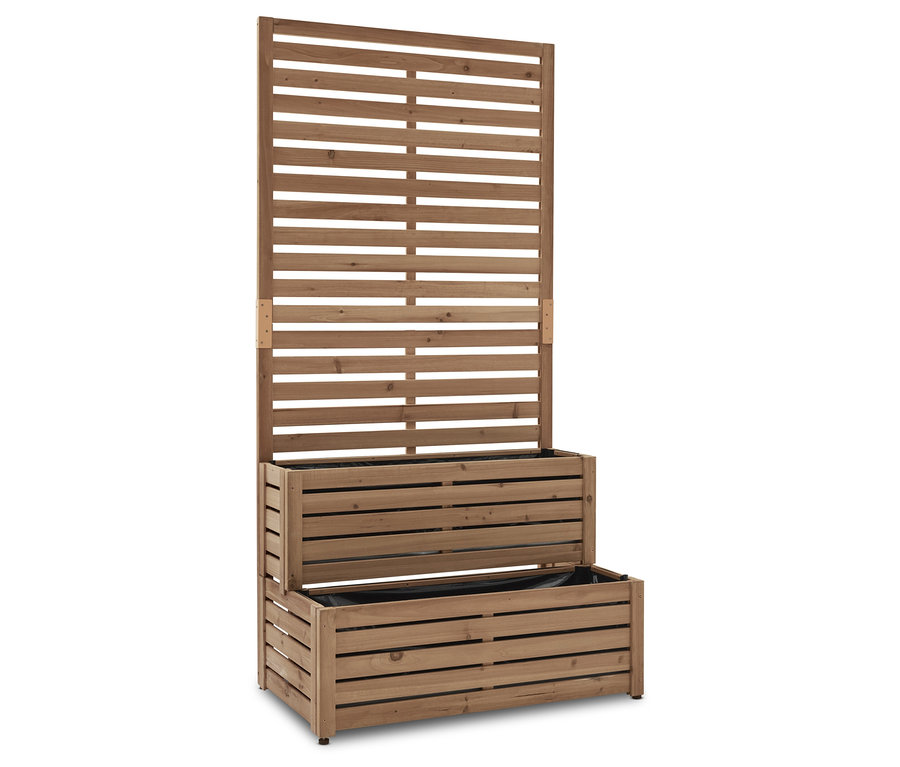 Holzpflanzkasten mit Spalier im Hintergrund.