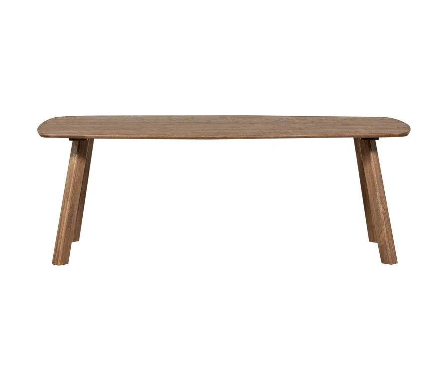 Ein rechteckiger Holztisch mit abgerundeten Ecken und schrägen Beinen.