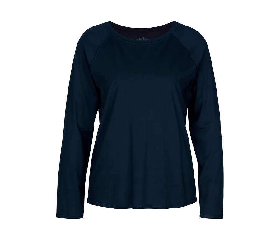 Dunkelblaues Langarmshirt mit Rundhalsausschnitt und Raglanärmeln.
