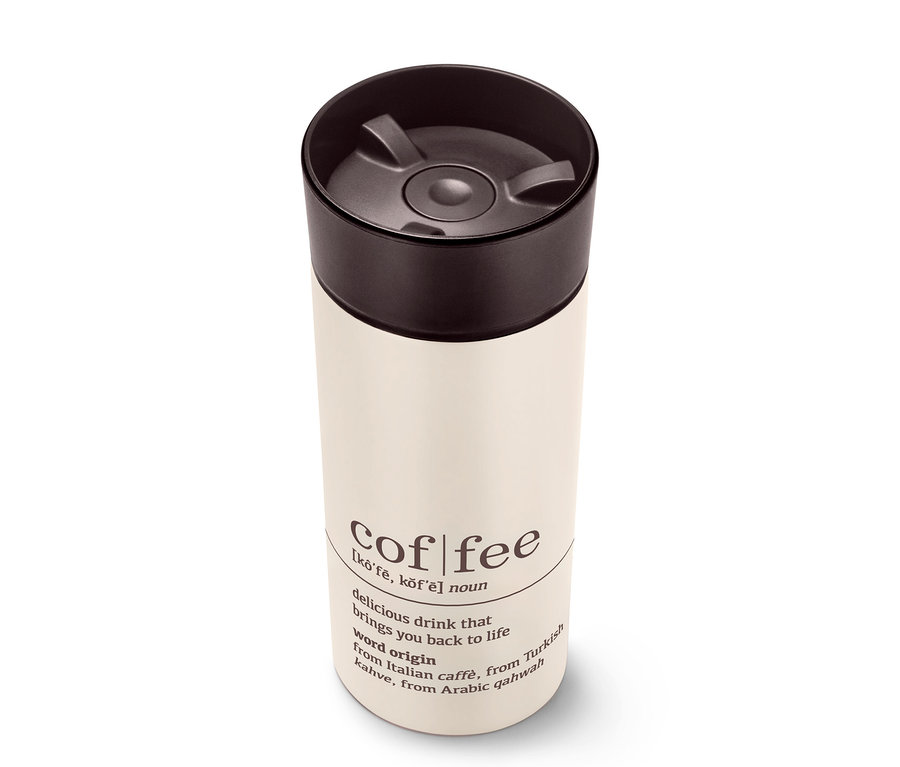Coffee-to-go-Becher Coffee Dictionary mit schwarzem Deckel.