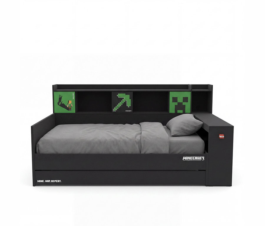 Schwarzes Roba Jugendbett »Minecraft« mit grauer Bettwäsche, integriertem Regal-Kopfteil und Minecraft-Motiven wie Spitzhacke und Creeper-Gesicht.