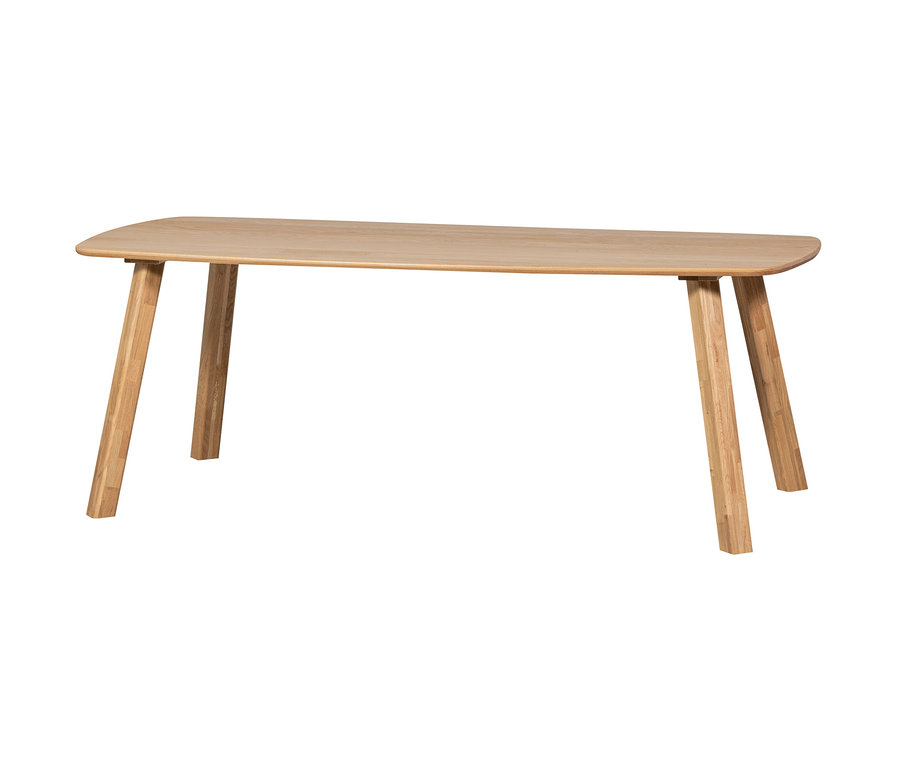 Ein heller Holztisch mit rechteckiger Platte, abgerundeten Ecken und vier schrägen Holzbeinen.