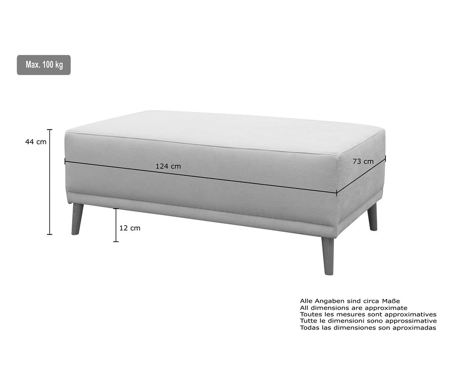 Grauer DOMO Hocker "Malmö" mit Holzbeinen, 124 cm lang, 73 cm breit und 44 cm hoch.