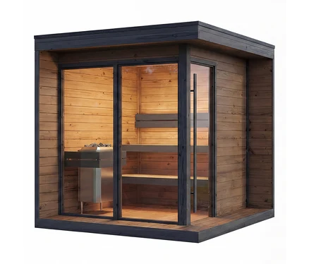 Kompaktes Weka Thermoholz-Saunahaus Viira Gr. 2 mit dunklem Holzrahmen, hellen Holzwänden, großer Glasfront, Holzbänken und Saunaofen mit Steinen im beleuchteten Innenraum.