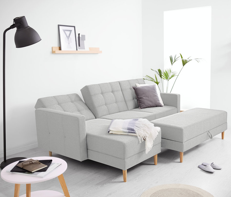 Helles, graues Federkern-Eckschlafsofa »Just Relax« mit Stauraumbank.