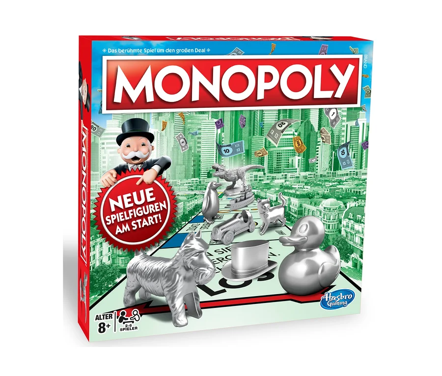 Verpackung von Hasbro »Monopoly Classic«. Auf der Verpackung befinden sich Spielfiguren und ein Stadthintergrund.