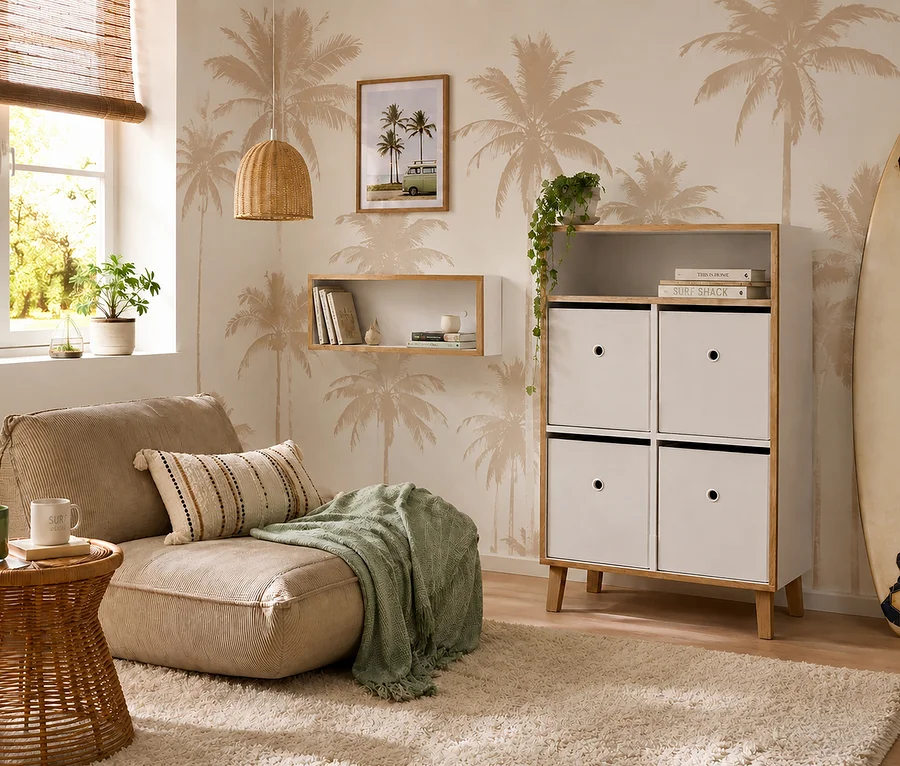 Ein gemütliches Zimmer mit beiger Palmen-Tapete, einem beigen Sessel mit grüner Decke, einem Rattantisch und einem Regal mit weißen Boxen. Ein Surfbrett lehnt an der Wand.