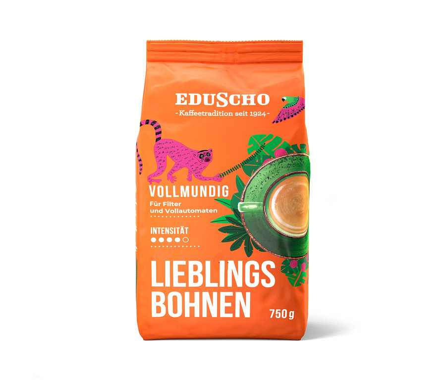 Orangefarbene Packung Eduscho Lieblingsbohnen Vollmundig - 750 g Ganze Bohne, mit rosa Lemur und grüner Kaffeetasse.