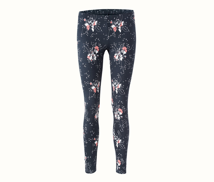 Eine marineblaue Pyjamahose mit Blumenmuster.