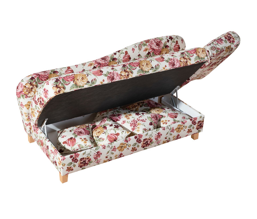 Geöffnete, florale Recamiere »Saturn« mit Stauraum rechts.