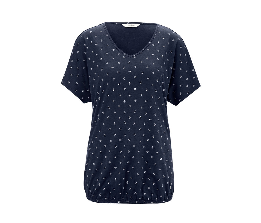 Marineblaues Blusenshirt mit Alloverprint aus kleinen weißen Ankern.