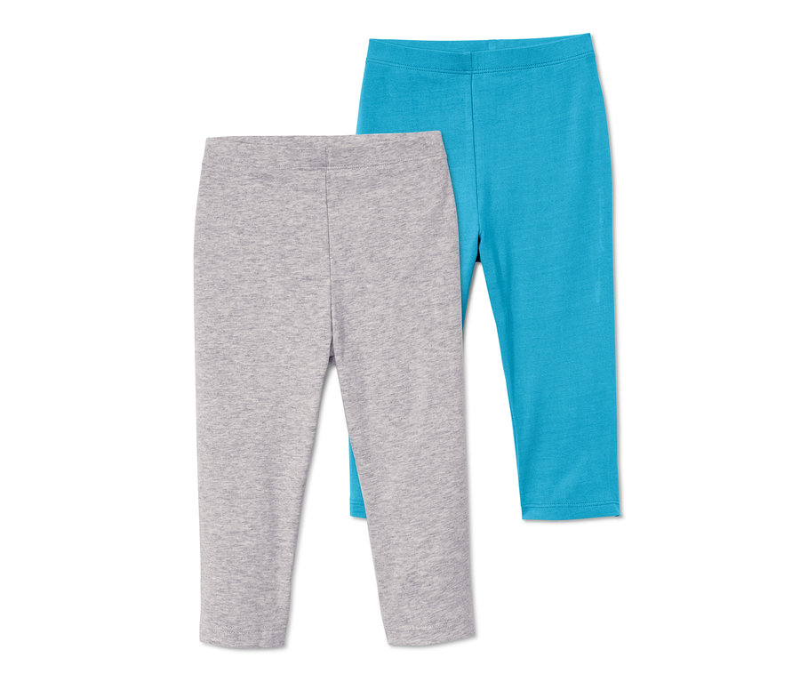 Zwei Leggings, eine grau und eine blau.