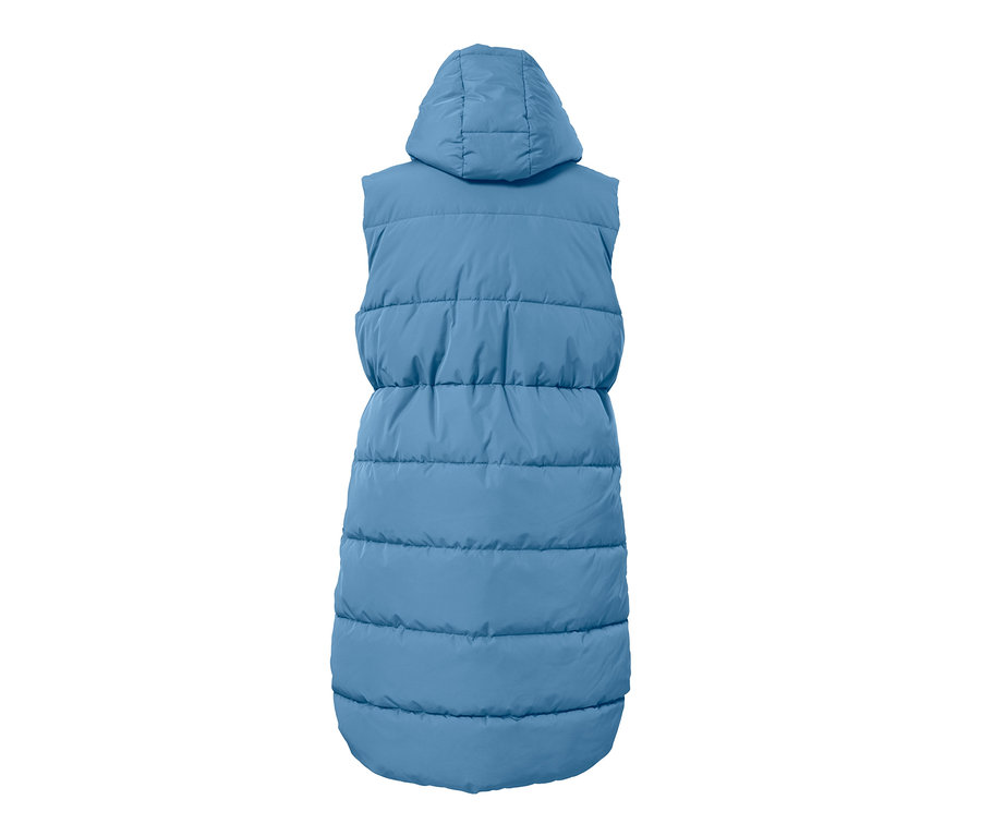 Blaue Steppweste mit Kapuze von hinten.