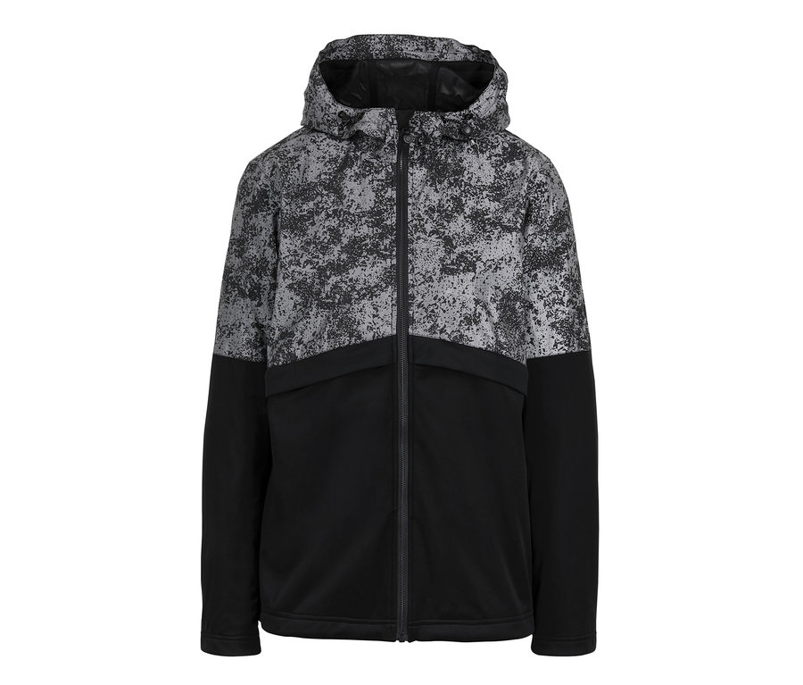 Schwarzgraue Softshelljacke mit Kapuze und reflektierenden Elementen.