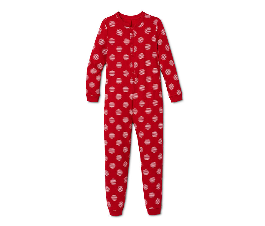 Roter Jersey-Overall-Pyjama mit weißen Punkten.