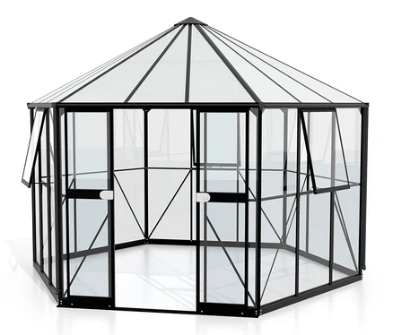 Detailansicht des schwarzen Vitavia Gewächshaus Pavillon 9 m² inkl. Fundamentrahmen.