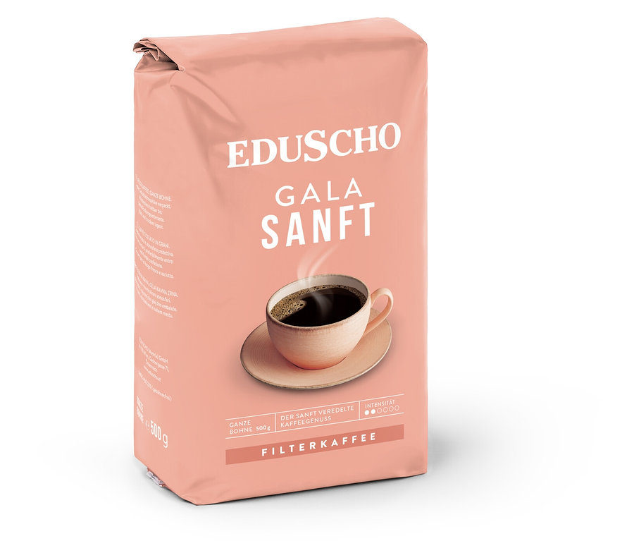 Eine Packung Eduscho Gala sanft. Auf der Packung ist eine Tasse Kaffee abgebildet.
