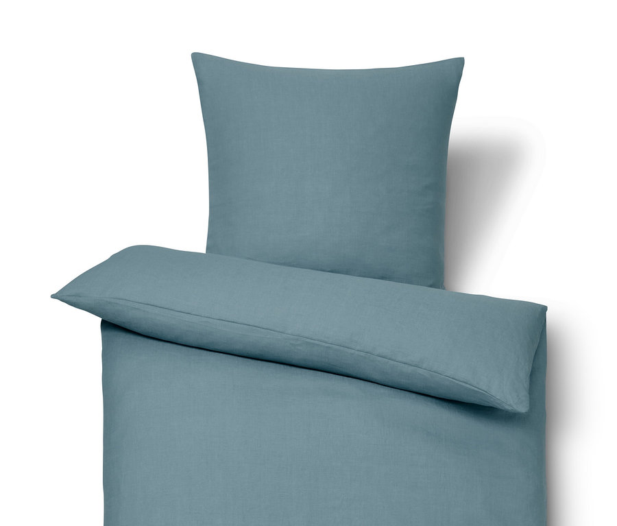 Blaue Leinen-Bettwäsche in Normal- und Übergröße.