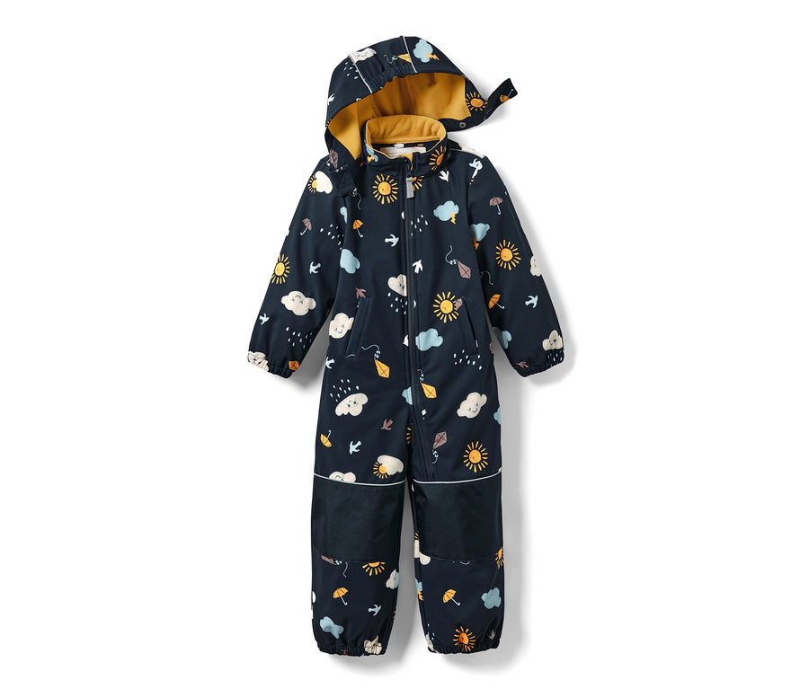 Kleinkind-Softshell-Einteiler mit blauem Alloverprint.
