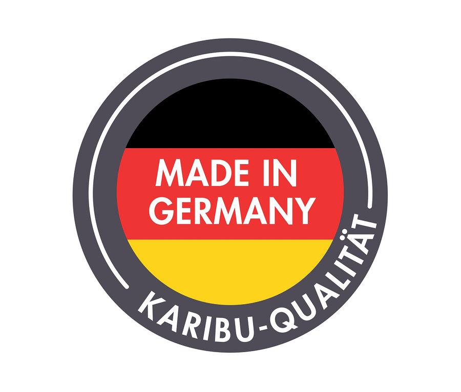 Runder Aufkleber mit deutscher Flagge, dem Text „MADE IN GERMANY“ und „Karibu-Qualität“.