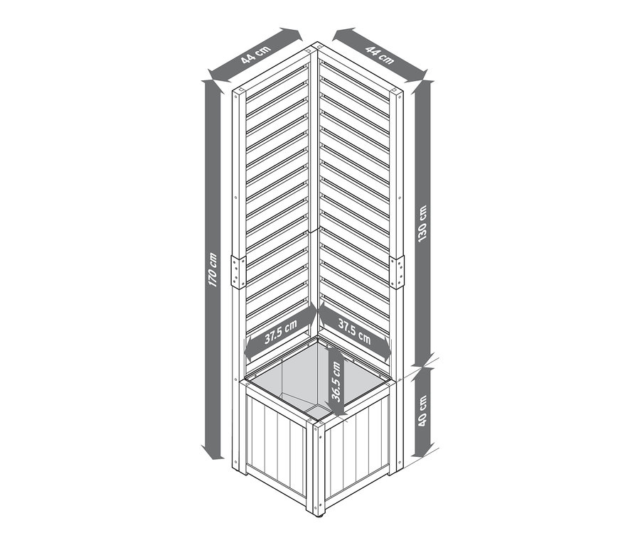 Illustration eines »Elin« Sichtschutz-Pflanzkasten-Moduls mit Abmessungen.