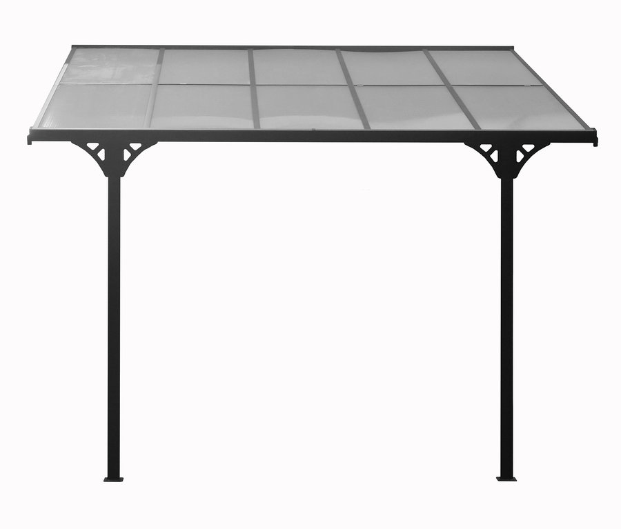 Anthrazitfarbene Terrassenüberdachung, Breite ca. 313 cm.