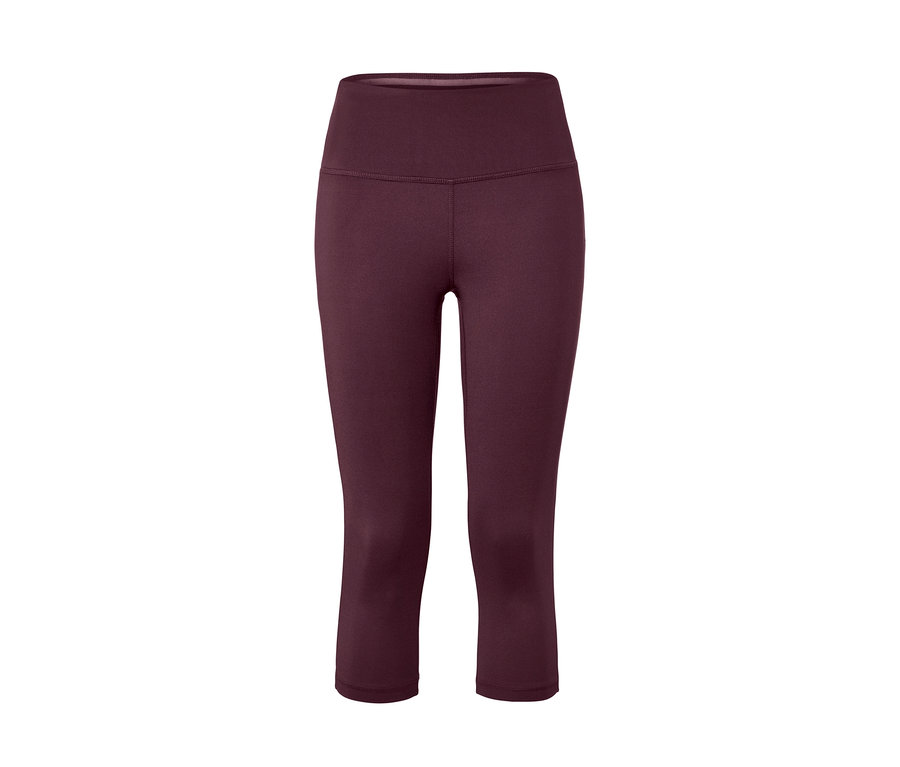 Eine lila 3/4-Sporttight vor einem weißen Hintergrund.