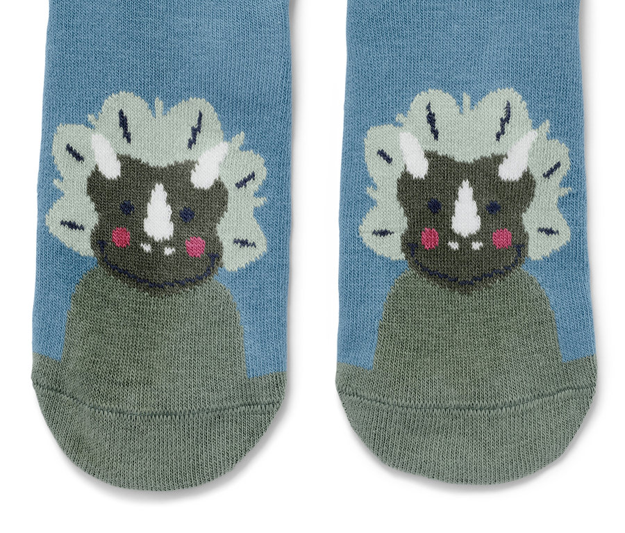 Detailaufnahme von blauen Socken mit Cartoon-Dinosaurier; 5 Paar Socken, blau