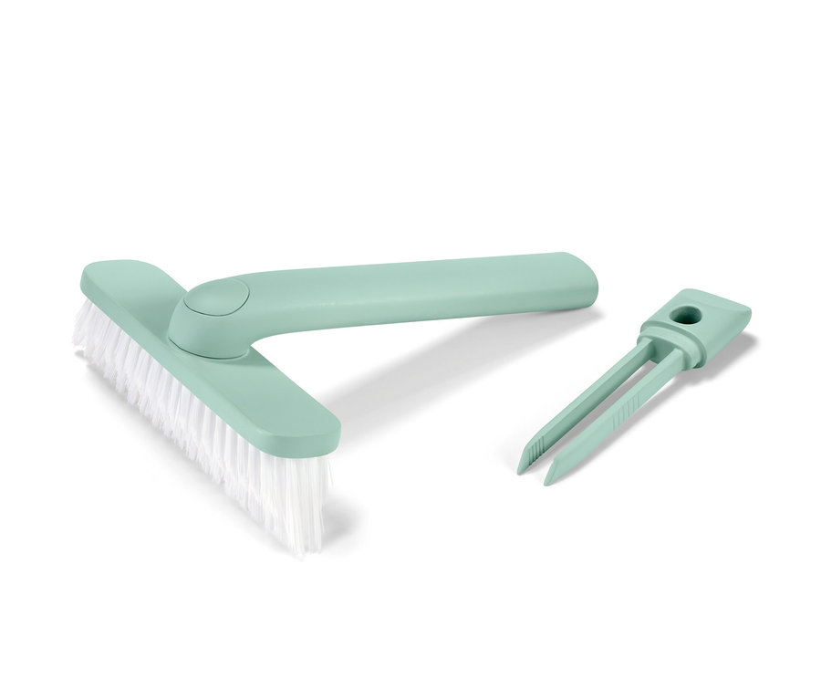 Ein gruener 4-in-1-Fugenmeister mit Buerste und Werkzeug zur Entfernung von Schmutz.