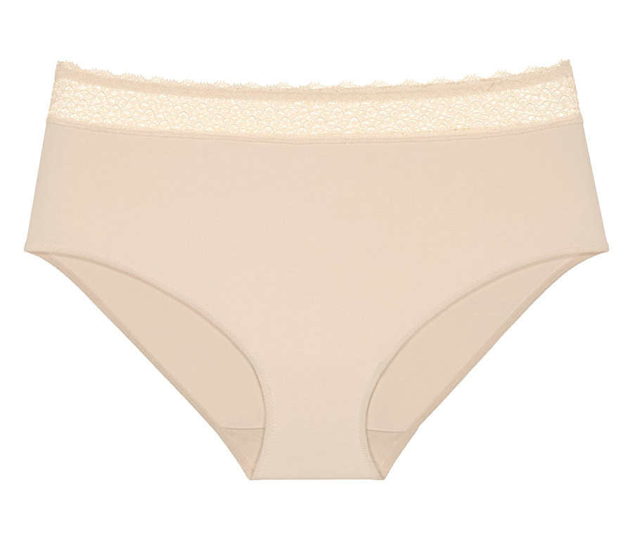 Beige Unterhose mit Spitze am oberen Rand.