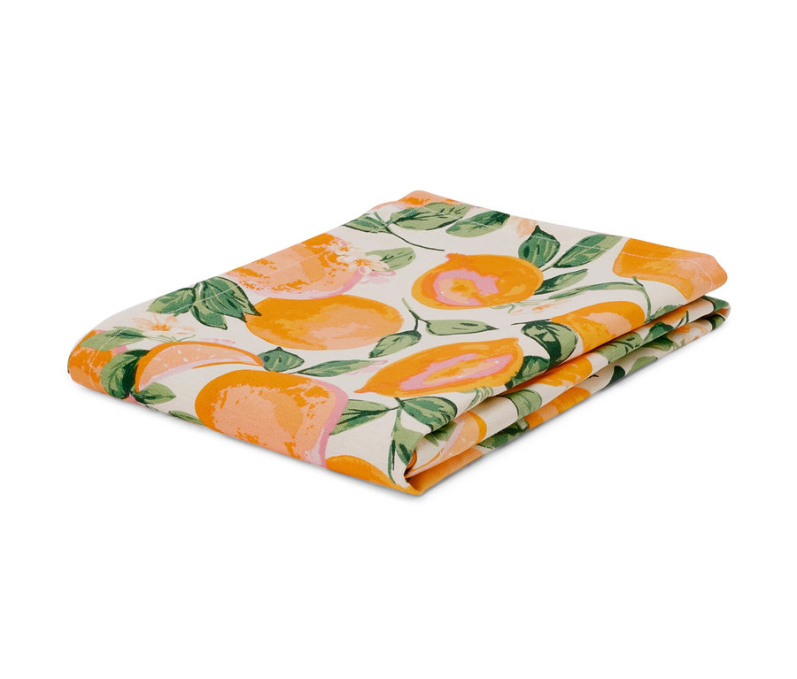 Zusammengelegte abwischbare Tischdecke, ca. 90 x 90 cm, orange.