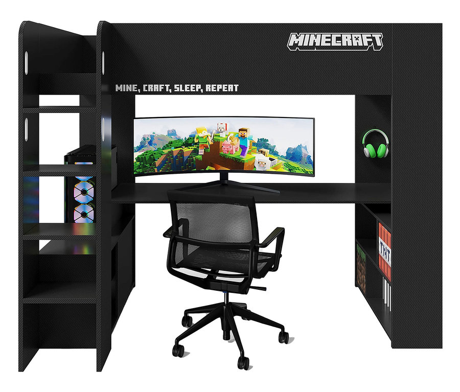 Schwarzer Gaming-Tisch mit Computer, Stuhl und Kopfhörern.