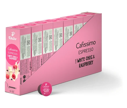 Packung Cafissimo Flavoured Espresso - White Choc & Raspberry - 80 Kapseln.