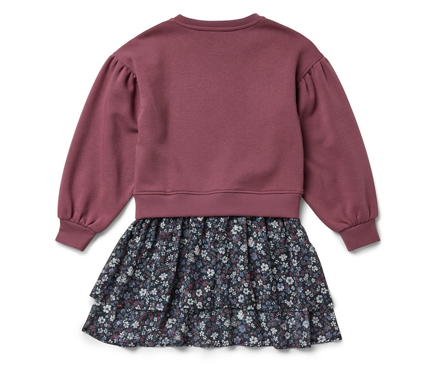 Langärmliges Kleid mit violettem Oberteil und geblümtem Rock.