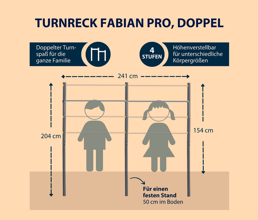 Illustration des HUDORA-Doppel-Turnrecks Fabian Pro mit Maßen und Silhouetten von einem Jungen und einem Mädchen.