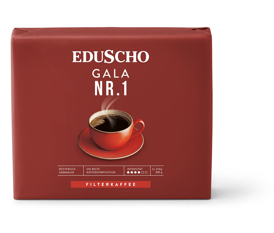 Packung Eduscho Gala Nr. 1 gemahlener Kaffee mit einer Tasse Kaffee darauf.