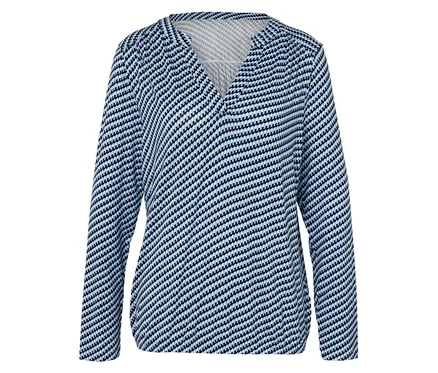 Blau-weiß gestreiftes Langarmshirt mit V-Ausschnitt.