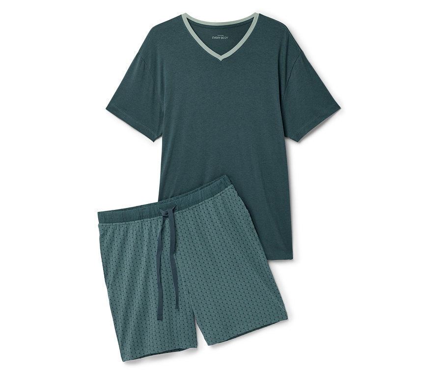 Dunkelblauer Schlafanzug mit Kurzarm-T-Shirt und Shorts mit geometrischem Muster.