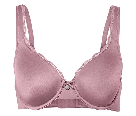 Detailaufnahme eines hellvioletten BHs mit Spitze.